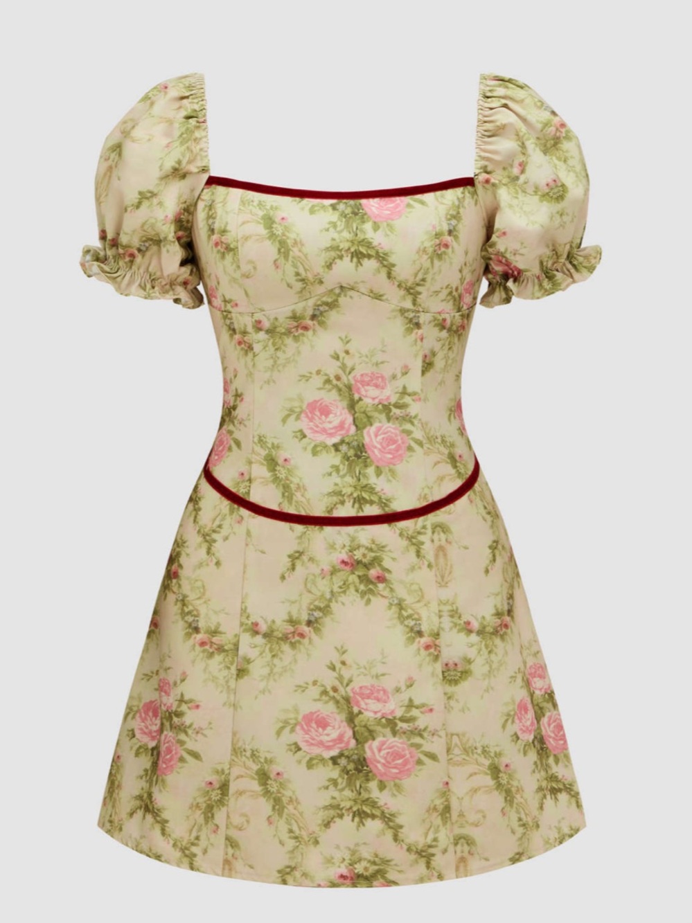 Cider Cream Floral Puff-Sleeve Mini Dress with Pink Roses size M